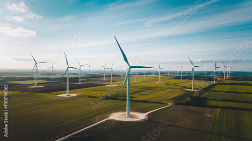 Aerial view of expansive wind farm with numerous turbines generating clean energy, symbolizing sustainable power and environmental conservation.