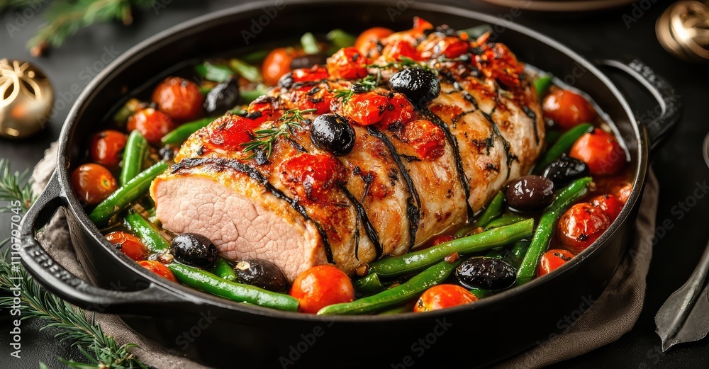 Baked Pork with Tomatoes and Green Beans. AI generated illustration. Baked Pork with Tomatoes and Green Beans. AI generated illustration.