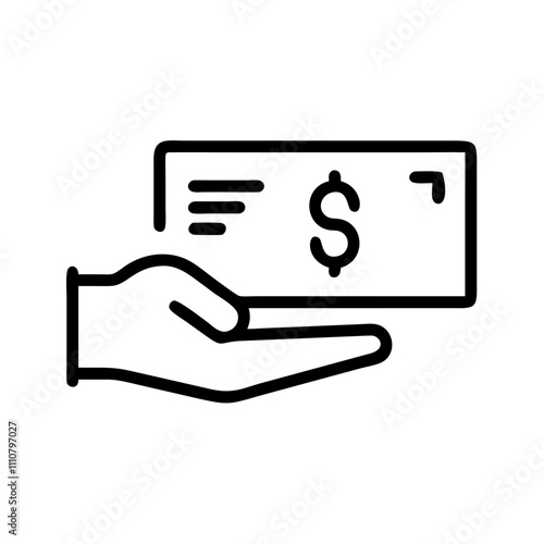 Hand holding dollar check icon, monthly paycheck symbol
