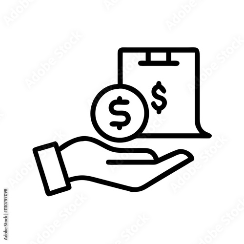 Hand holding money icon with clipboard and dollar signs
