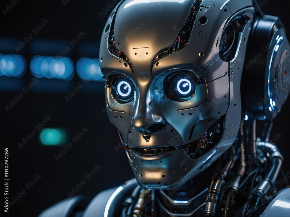 A close-up of a humanoid robot’s face with glowing optical sensors scanning the environment in a high-tech control room, 4K resolution A close-up of a humanoid robot’s face with glowing optical sensors scanning the environment in a high-tech control room, 4K resolution