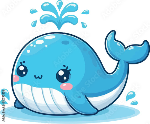 a cartoon drawing of a blue whale with a fish in the water.