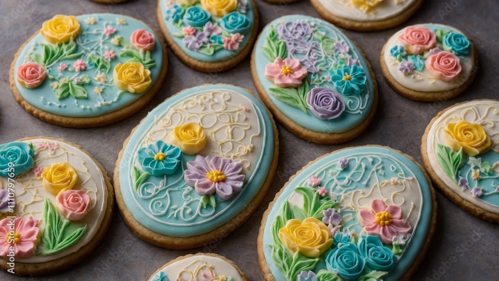 Fototapeta premium Easter cookies decorated with pastel icing and flower designs