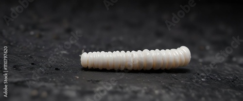 Macro shot of white maggot crawling on black surface, maggoty, larvae, insect