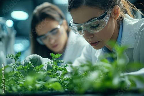 Lab technicians exanimating plants wearing white uniform and light blue glasses. Botanical organic plant examination photo