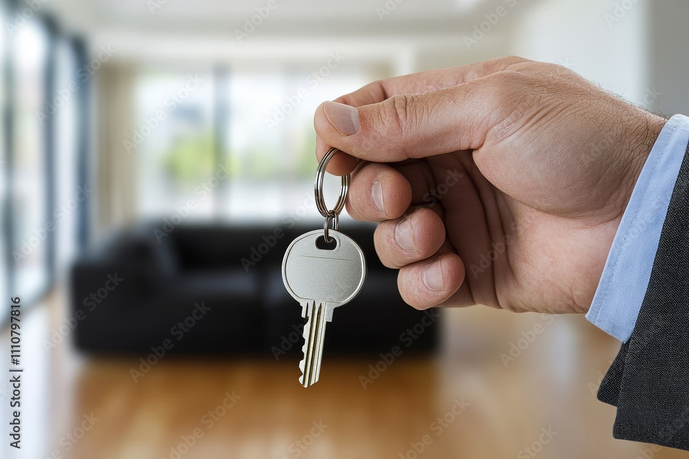 Hand Holding House Keys in a Modern Home Setting Hand Holding House Keys in a Modern Home Setting