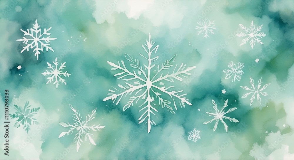 Ethereal Watercolor Snowflakes on Teal Background with Winter Magic Ethereal Watercolor Snowflakes on Teal Background with Winter Magic