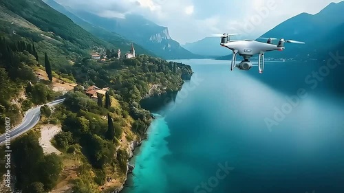 Wallpaper Mural Aerial view of a drone flying over a serene lake surrounded by mountains and greenery. Torontodigital.ca