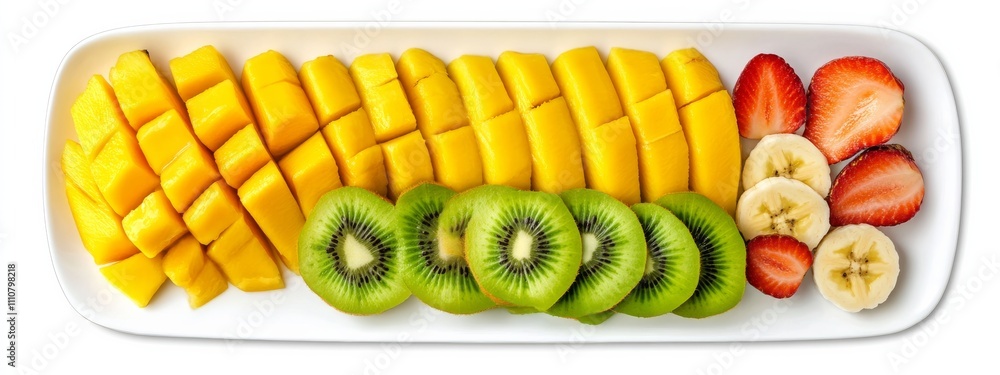 A tropical fruit platter with slices of mango, banana, and pineapple A tropical fruit platter with slices of mango, banana, and pineapple