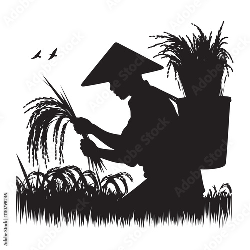  Farmer harvest rice silhouette vector art black color design and solid white background 