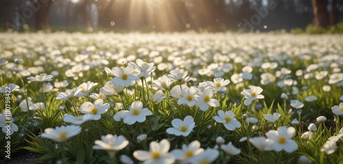 Morning light casting a warm glow on a field of white flowers with dew drops glistening on their surface, natural beauty captured, white flower fields