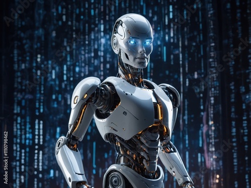 A humanoid robot standing in a futuristic environment, surrounded by glowing technology and digital elements, representing advanced AI and innovation