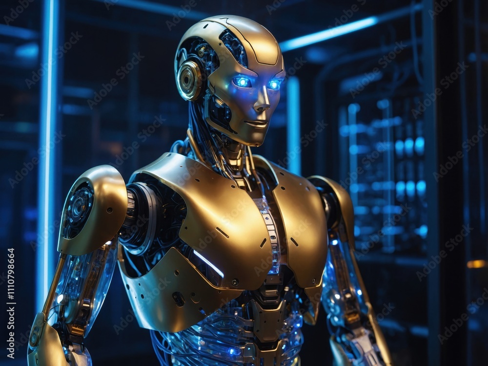 A humanoid robot with a transparent energy core, symbolizing futuristic technology and innovation, with glowing elements highlighting its advanced design A humanoid robot with a transparent energy core, symbolizing futuristic technology and innovation, with glowing elements highlighting its advanced design