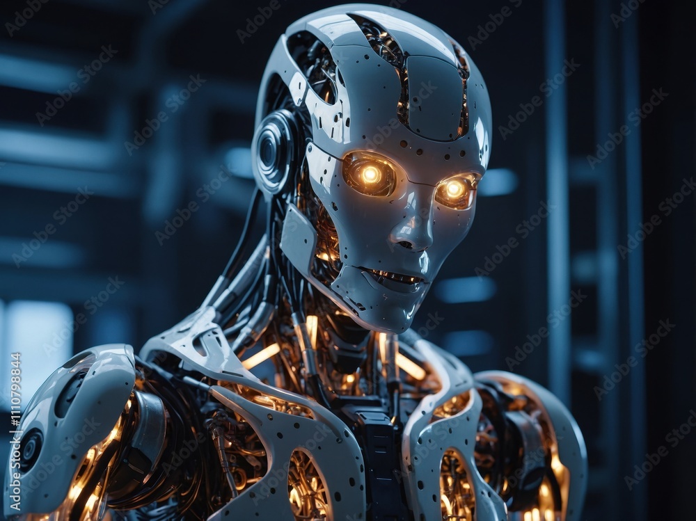 A humanoid robot with an open torso, revealing a glowing AI neural network, connecting to mechanical joints in a futuristic workshop A humanoid robot with an open torso, revealing a glowing AI neural network, connecting to mechanical joints in a futuristic workshop