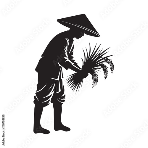  Farmer harvest rice silhouette vector art black color design and solid white background 