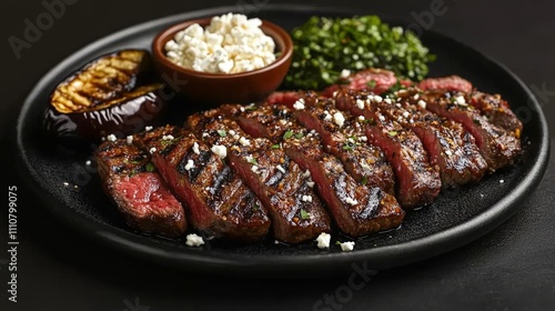 A beautifully plated steak dinner with grilled vegetables and sides.