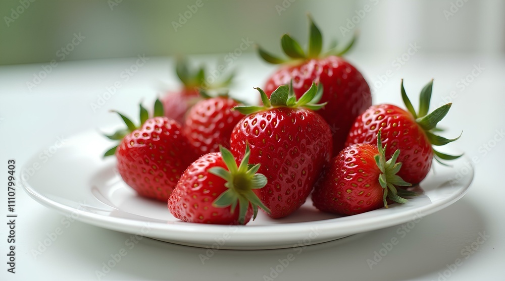 Close-up of ripe bright red strawberries with green leaves on white plate on light background. Studio photo, high quality and detail. Close-up of ripe bright red strawberries with green leaves on white plate on light background. Studio photo, high quality and detail.