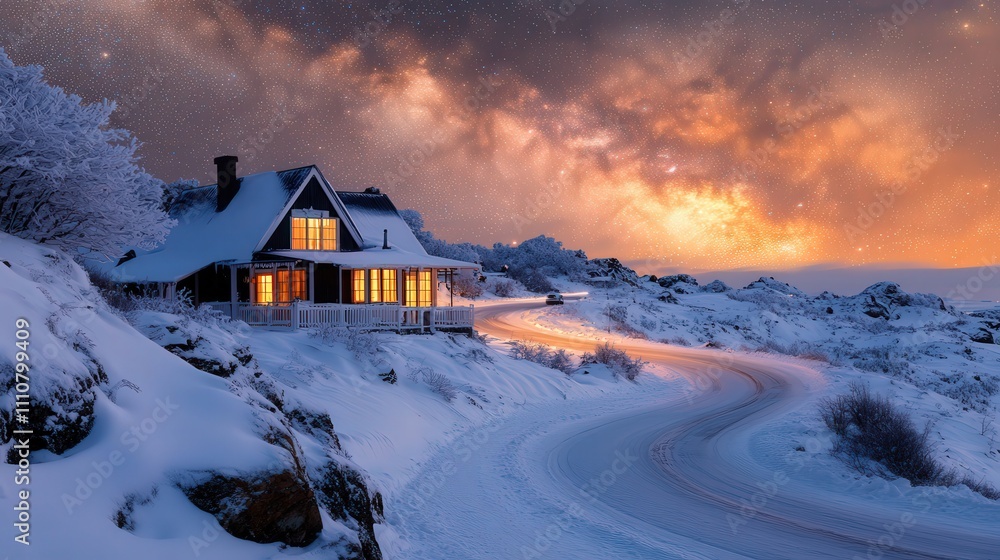 A serene winter landscape featuring a cozy house amidst snow and a starry sky. A serene winter landscape featuring a cozy house amidst snow and a starry sky.