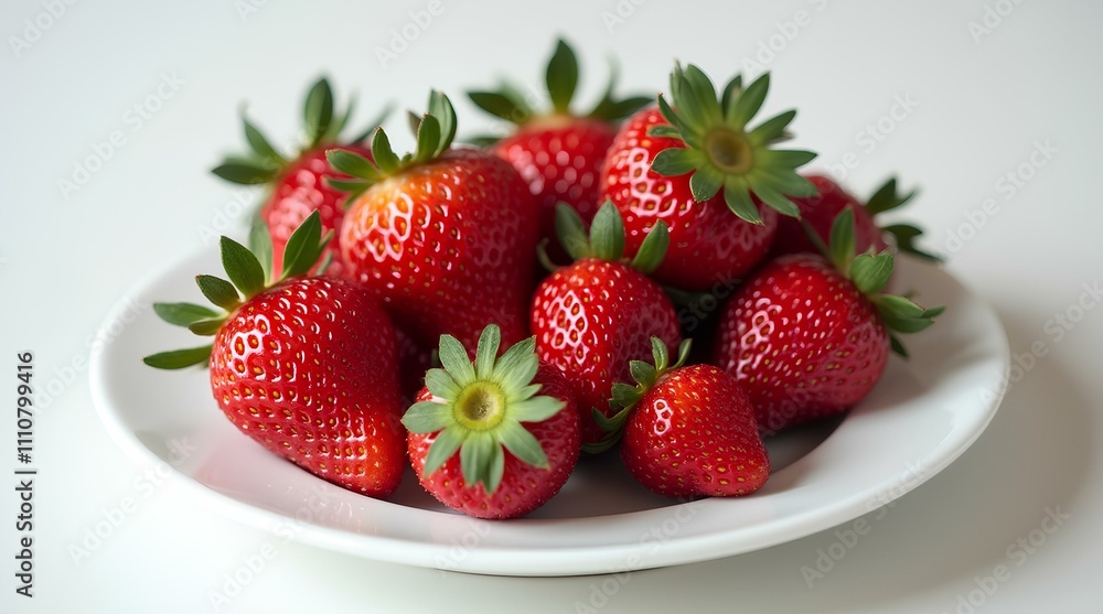 Close-up of ripe bright red strawberries with green leaves on white plate on light background. Studio photo, high quality and detail. Close-up of ripe bright red strawberries with green leaves on white plate on light background. Studio photo, high quality and detail.