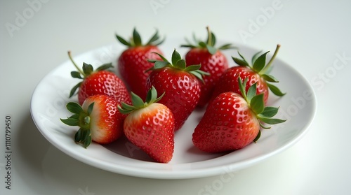  Close-up of ripe bright red strawberries with green leaves on white plate on light background. Studio photo, high quality and detail.