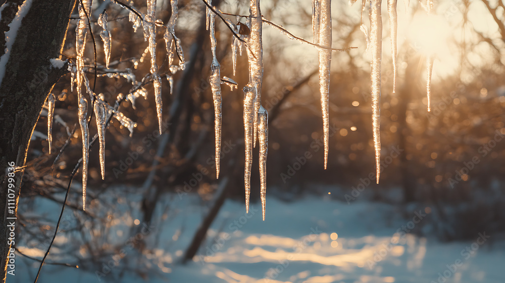 A serene snow-covered forest with sparkling icicles hanging from branches, soft sunlight filtering through the trees A serene snow-covered forest with sparkling icicles hanging from branches, soft sunlight filtering through the trees