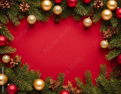 Christmas tree branches, cones and gold christmas decorations on a flat red background. Merry Christmas, New Year or winter flatlay background for banner or postcard with copy space. Top view.