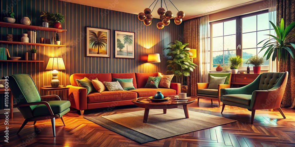 Stylish Living Room with Modern Retro Interior Design Featuring Cozy Furniture, Warm Lighting, and Artistic Decor in a Home Setting for a Sophisticated Ambiance Stylish Living Room with Modern Retro Interior Design Featuring Cozy Furniture, Warm Lighting, and Artistic Decor in a Home Setting for a Sophisticated Ambiance