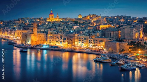 Night cityscape, illuminated buildings, harbor, boats, water reflection.