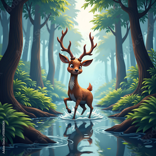 A charming deer gracefully celebrating life in a lush forest stream, digital illustration of character design concept. photo