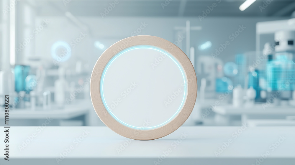 A circular wooden frame on a clean white surface, surrounded by a blurred futuristic laboratory with glowing blue equipment, holographic accents A circular wooden frame on a clean white surface, surrounded by a blurred futuristic laboratory with glowing blue equipment, holographic accents