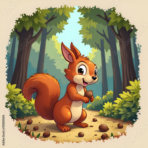 Playful squirrel collecting acorns in a lush green forest scene, digital art of character illustration concept. photo