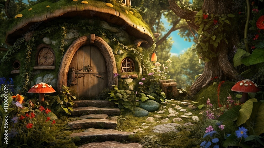 Obraz premium A photo of a whimsical garden with a fairy door.