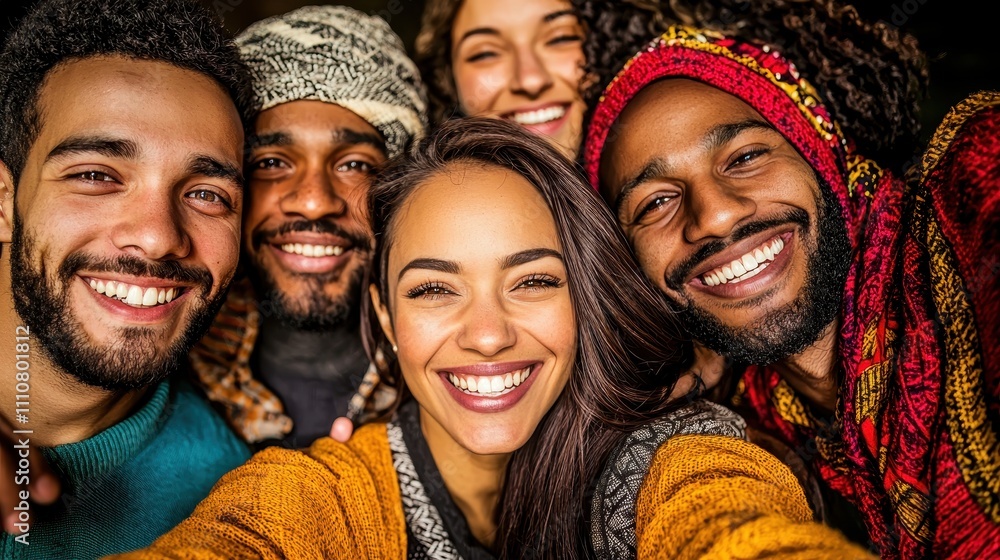 A joyful group of friends posing for a selfie, showcasing vibrant attire and warm smiles, capturing a moment of happiness and connection.,Cross-Cultural Friendships Concept A joyful group of friends posing for a selfie, showcasing vibrant attire and warm smiles, capturing a moment of happiness and connection.,Cross-Cultural Friendships Concept