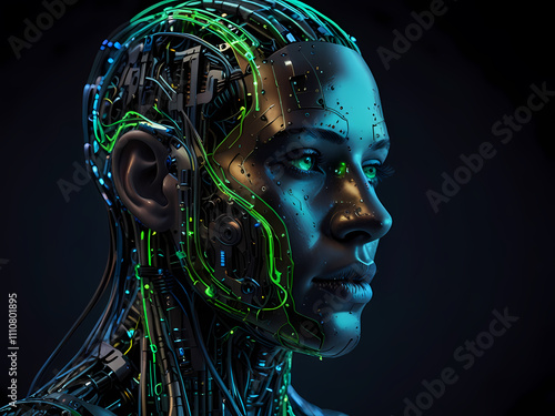 Full face portrait of a futuristic AI cyborg with a TERMINAL INTERFACE DOMINATING ITS FACE. The entity has glowing neon green eyes and a head composed primarily of intricate glowing wires, data stream