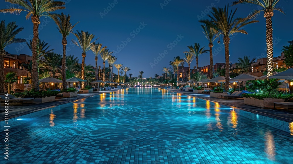 A serene poolside view at dusk, surrounded by palm trees and elegant lounge areas. A serene poolside view at dusk, surrounded by palm trees and elegant lounge areas.