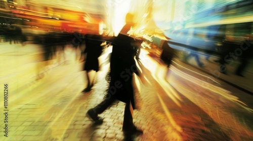 A person is walking down the street. A blurred photo capturing a busy city street scene with tall buildings, pedestrians, and moving vehicles, creating a sense of motion and energy.