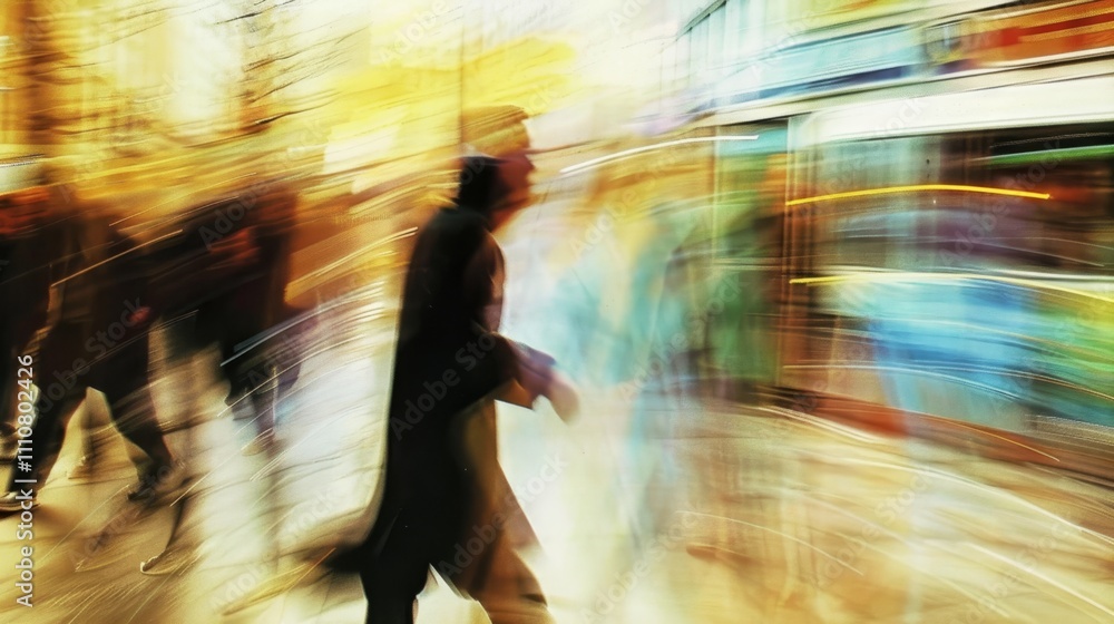 A person is walking down the street. A blurred photo capturing a busy city street scene with tall buildings, pedestrians, and moving vehicles, creating a sense of motion and energy. A person is walking down the street. A blurred photo capturing a busy city street scene with tall buildings, pedestrians, and moving vehicles, creating a sense of motion and energy.