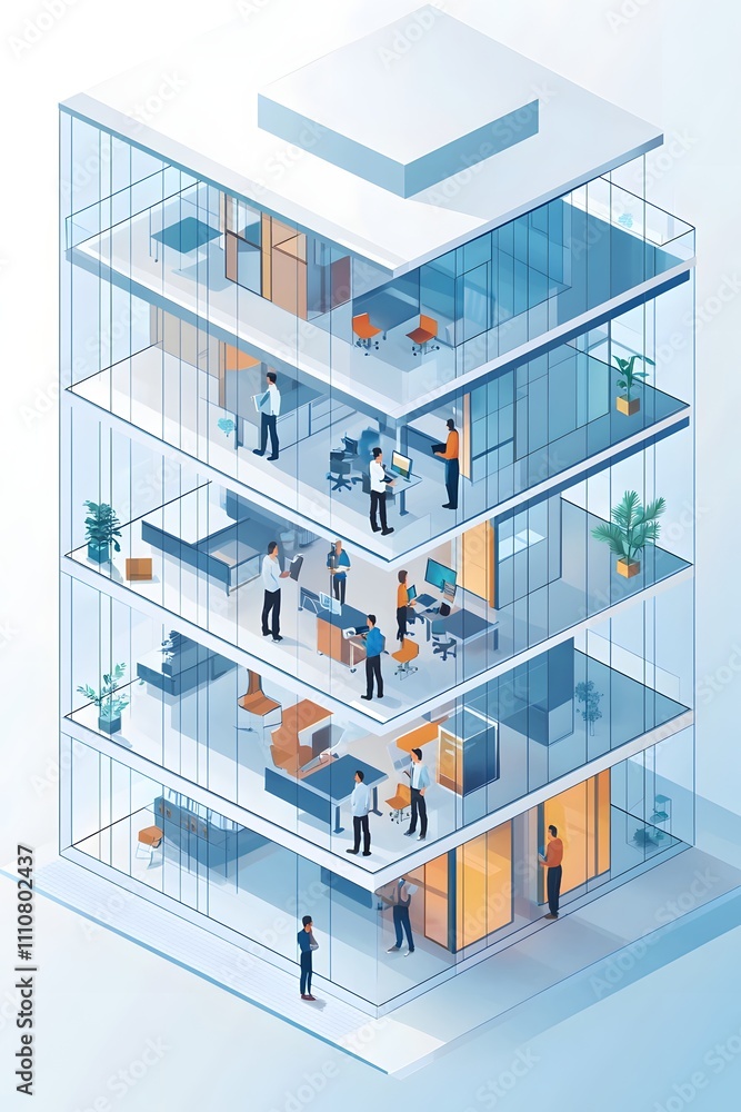 Web Development Team Collaborating in Transparent 3D Isometric Office Building Web Development Team Collaborating in Transparent 3D Isometric Office Building
