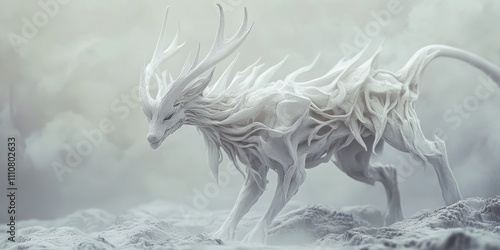 A mystical creature with ethereal features stands majestically in a surreal landscape.