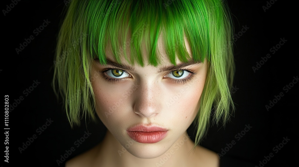 Fototapeta premium Female model with striking green hair and intense green eyes, exuding confidence and unique style.