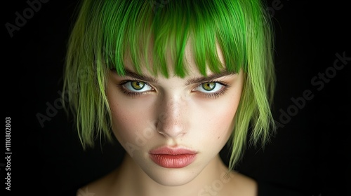 Female model with striking green hair and intense green eyes, exuding confidence and unique style.