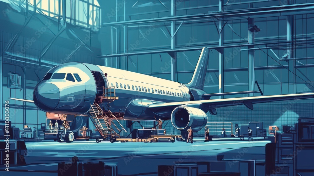 Airplane undergoing maintenance in a hangar. Airplane undergoing maintenance in a hangar.