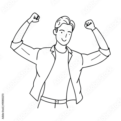a young man striking a triumphant pose