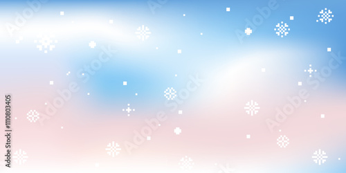 Aesthetic light winter sky gradient vector background. Winter season pastel colored texture. Blurred cold sky. Falling white snow. Simple soft light blue and pink backdrop. Minimal holiday design