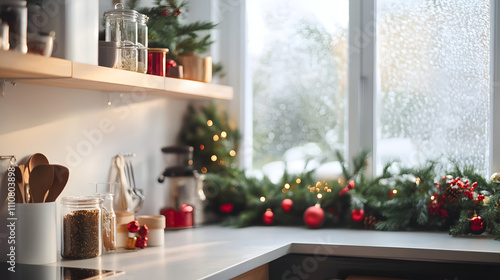 Warm kitchen scene with holiday decorations, including greenery and ornaments by the window.