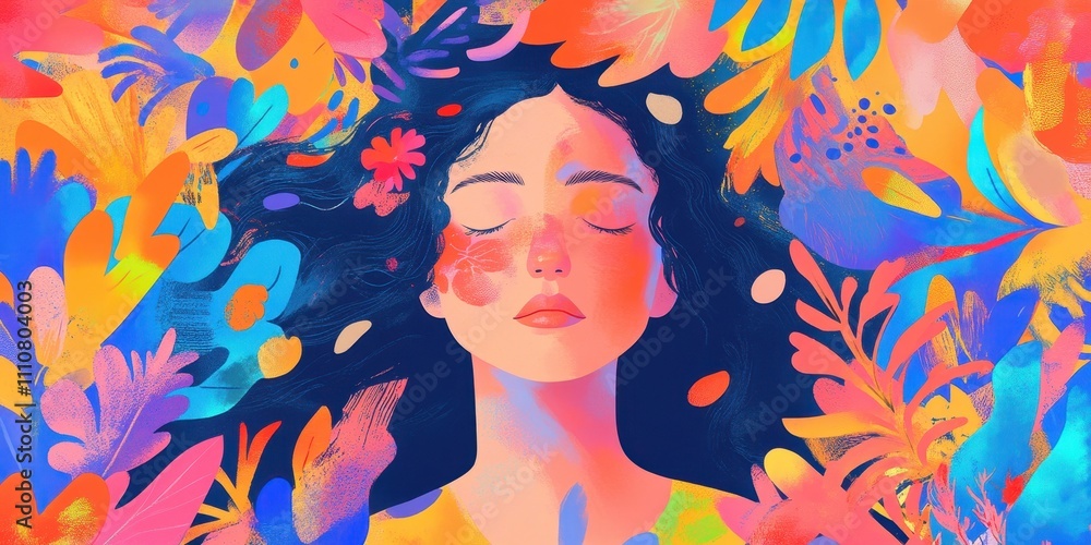 A vibrant, colorful illustration of a woman immersed in nature and tranquility. A vibrant, colorful illustration of a woman immersed in nature and tranquility.