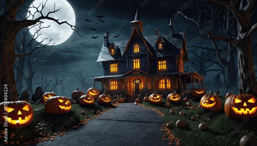 A spooky Halloween night scene with a haunted castle, bats, and a full moon over a dark, autumnal landscape A spooky Halloween night scene with a haunted castle, bats, and a full moon over a dark, autumnal landscape