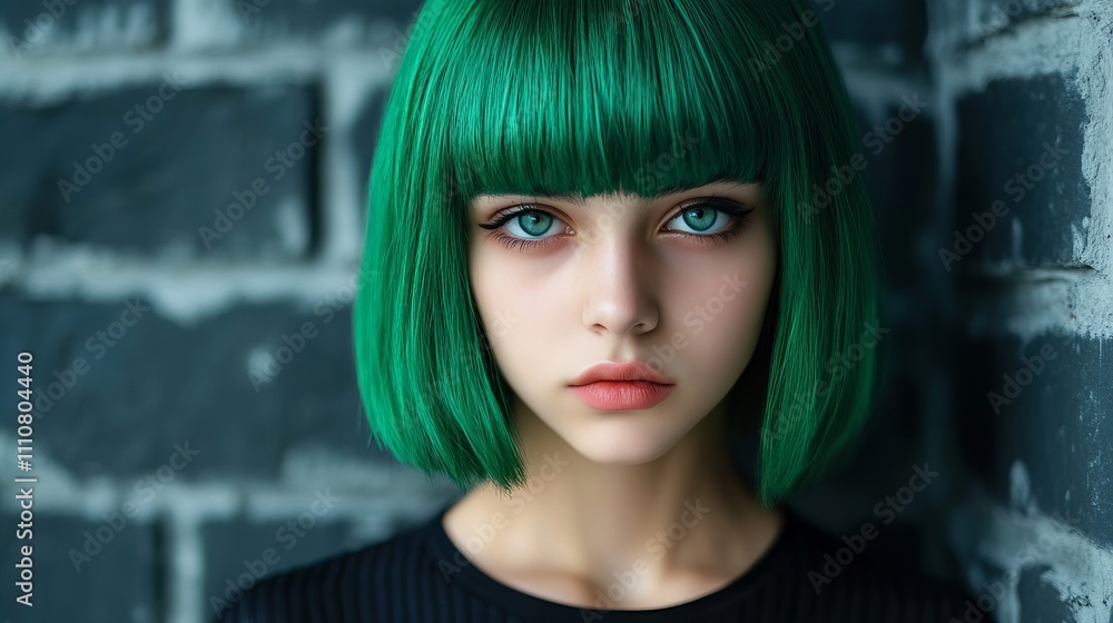 Female model with vibrant green hair and striking blue eyes against a textured gray wall. Female model with vibrant green hair and striking blue eyes against a textured gray wall.