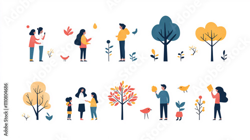 A clean and simple vector design depicting young adults of different ethnicities enjoying an outdoor setting. Each person is uniquely styled with casual outfits and expressive body language, showing
