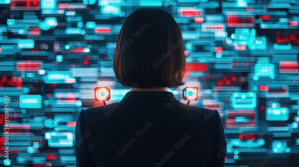 A person in a suit observes a vibrant digital display filled with data, symbols, and patterns, suggesting a high-tech environment. A person in a suit observes a vibrant digital display filled with data, symbols, and patterns, suggesting a high-tech environment.